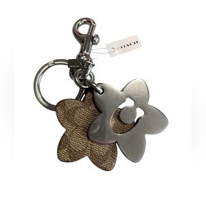 Coach Metallic Silver and Tan Floral Key Holder NWT